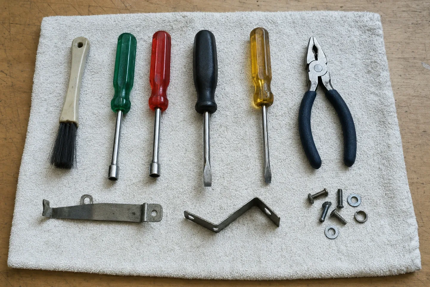 Dust brush, four screwdrivers and nut drivers, pliers and two steel brackets with screws laid out on a towel