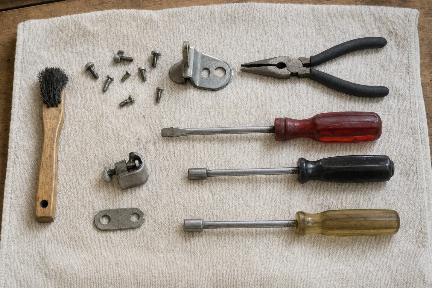 Wooden-handled brush, needle-nose pliers, a screwdriver and two nut drivers on canvas with a hinge bracket and screws