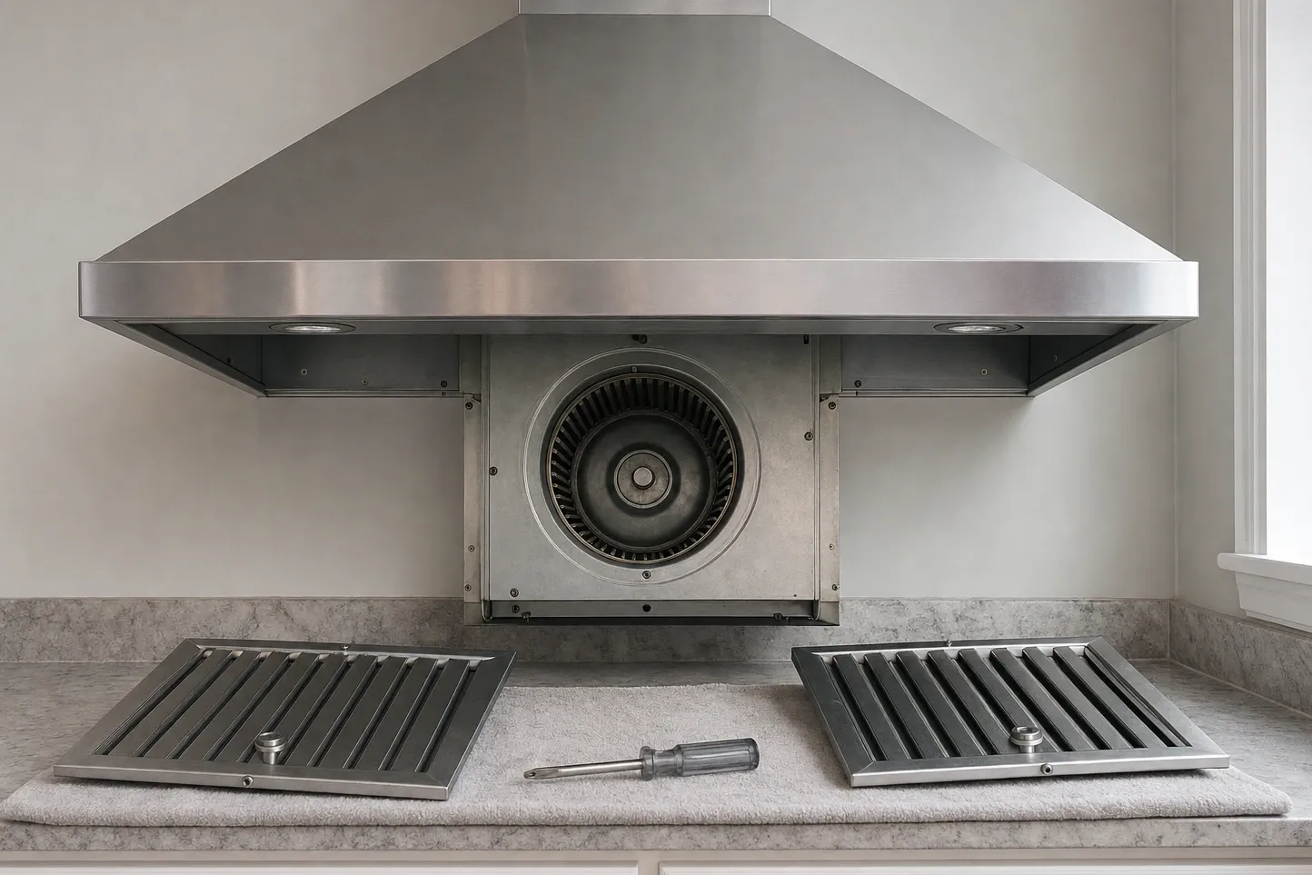 Stainless canopy hood with both baffle filters removed and set on the counter, the blower wheel exposed inside