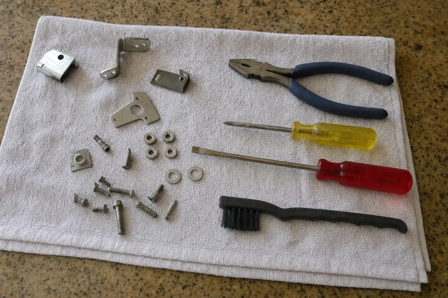 Hinge brackets, a cam plate and sorted screws, nuts and washers laid out on a towel beside pliers and two screwdrivers