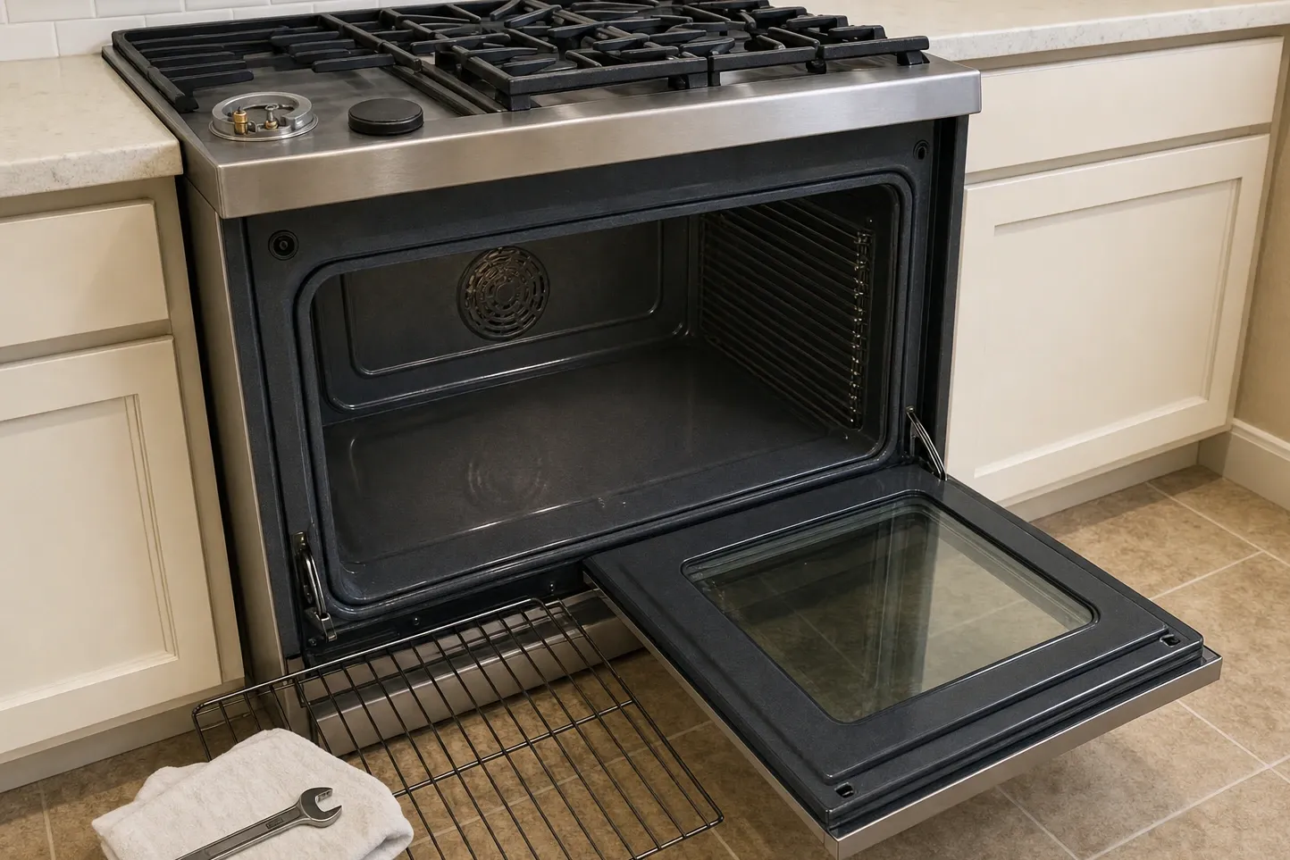Slide-in gas range with the oven door removed and laid on the floor, cavity open at the convection fan cover